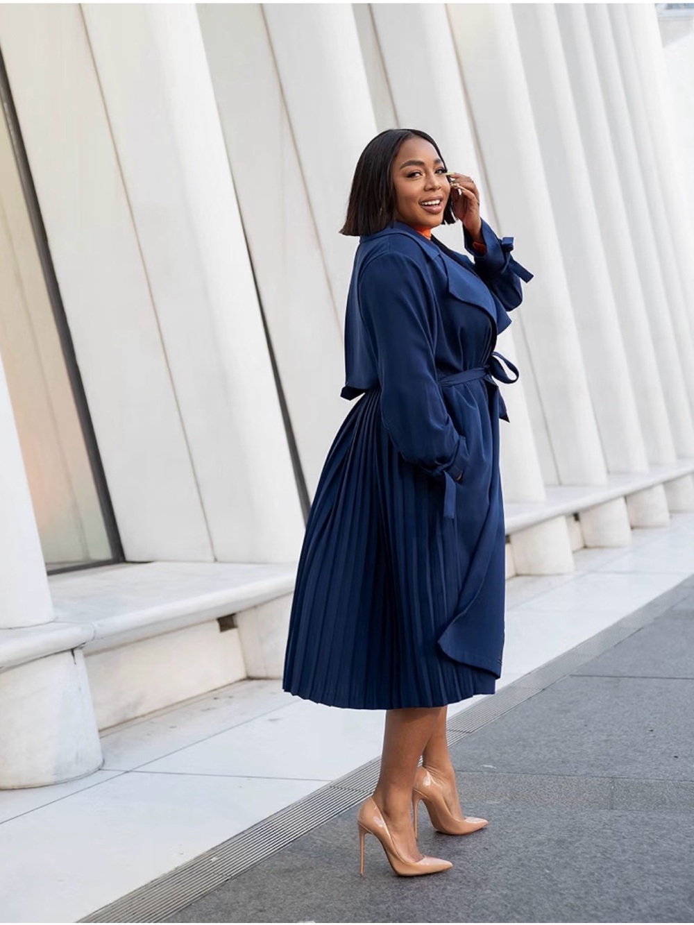 Women's Navy Long-Sleeve Trench Dress with Tie Waist Kela Walker x The Drop